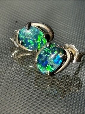 Sterling Silver Green Blue Opal Oval Stud Earrings
